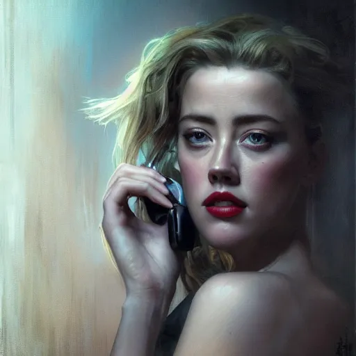 Image similar to hyperrealistic portrait of a woman as amber heard making a telephone noir call by jeremy mann and alphonse mucha, fantasy art, photo realistic, dynamic lighting, artstation, poster, volumetric lighting, very detailed faces, 4 k, award winning