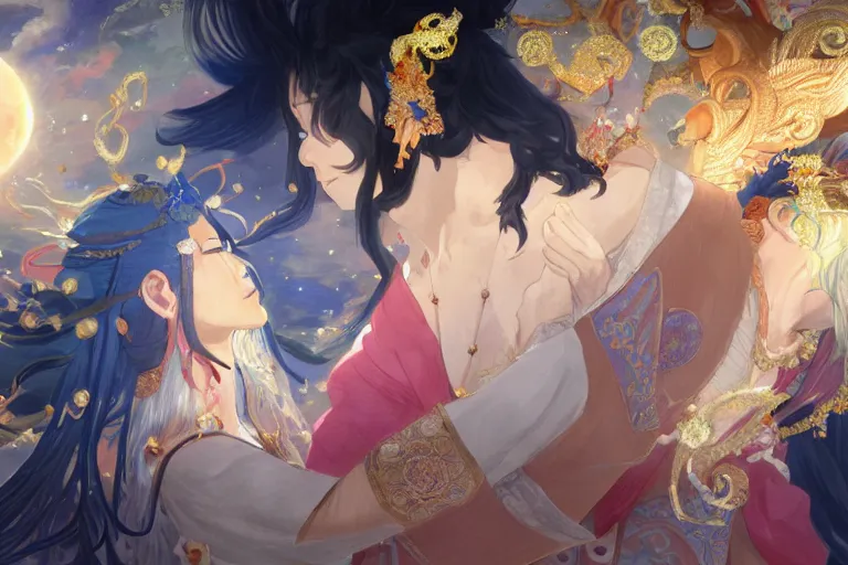 Image similar to close up moment of a divine a japan sun god and a moon goddess lovers magician at a wedding banquet, highly detailed, d & d, fantasy, 4 k realistic, digital painting, trending on artstation, concept art, sharp focus, illustration, art by makoto shinkai and akihiko yoshida and daniel gerhartz