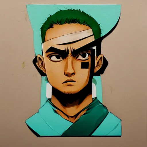 Prompt: Zoro Profile Picture by Sachin Teng, asymmetrical, Organic Painting , Matte Painting, geometric shapes, hard edges, graffiti, street art,:2 by Sachin Teng:4