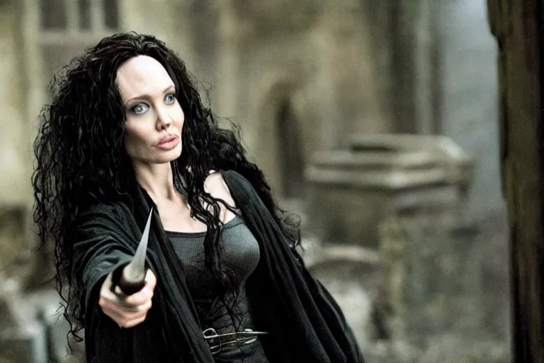 Image similar to film still Angelia Jolie as Bellatrix Lestrange in Harry Potter movie