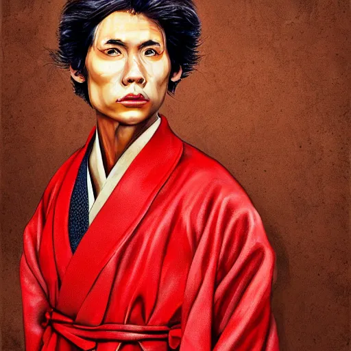 Prompt: a portrait of a human hybrid mutant brown rat in red kimono, painting, realistic, digital art