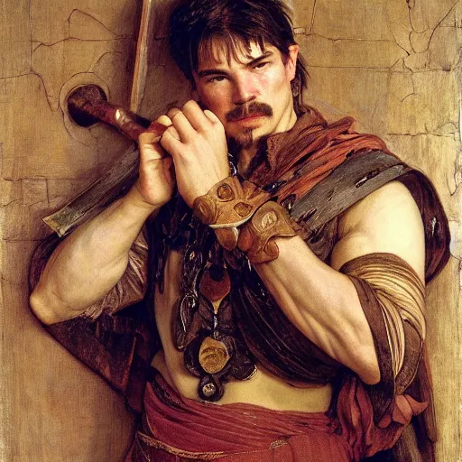 Prompt: josh hartnett as a barbarian king, god of dust, long flowing dark hair, facial hair, cheeky grin, glasses, by edgar maxence and caravaggio and michael whelan and delacroix