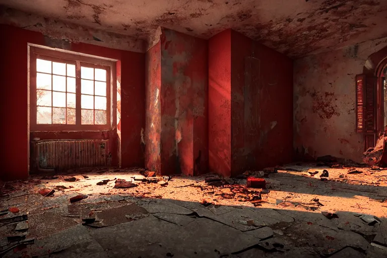 Image similar to ruined, abandoned polish bedroom, seen from inside. Strong red light falls through the broken windows. Dirt, leaves on ground. Unreal Engine. Substance painter. Zbrush. Trending on artstation. 8K. Red colorscheme. Highly detailed.