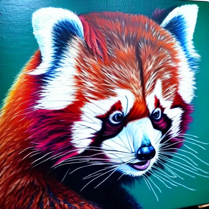 Image similar to an oil painting of a red panda with blue fur playing video games, furry, oil on canvas, cute, highly detailed, soft lighting, pastel, pretty