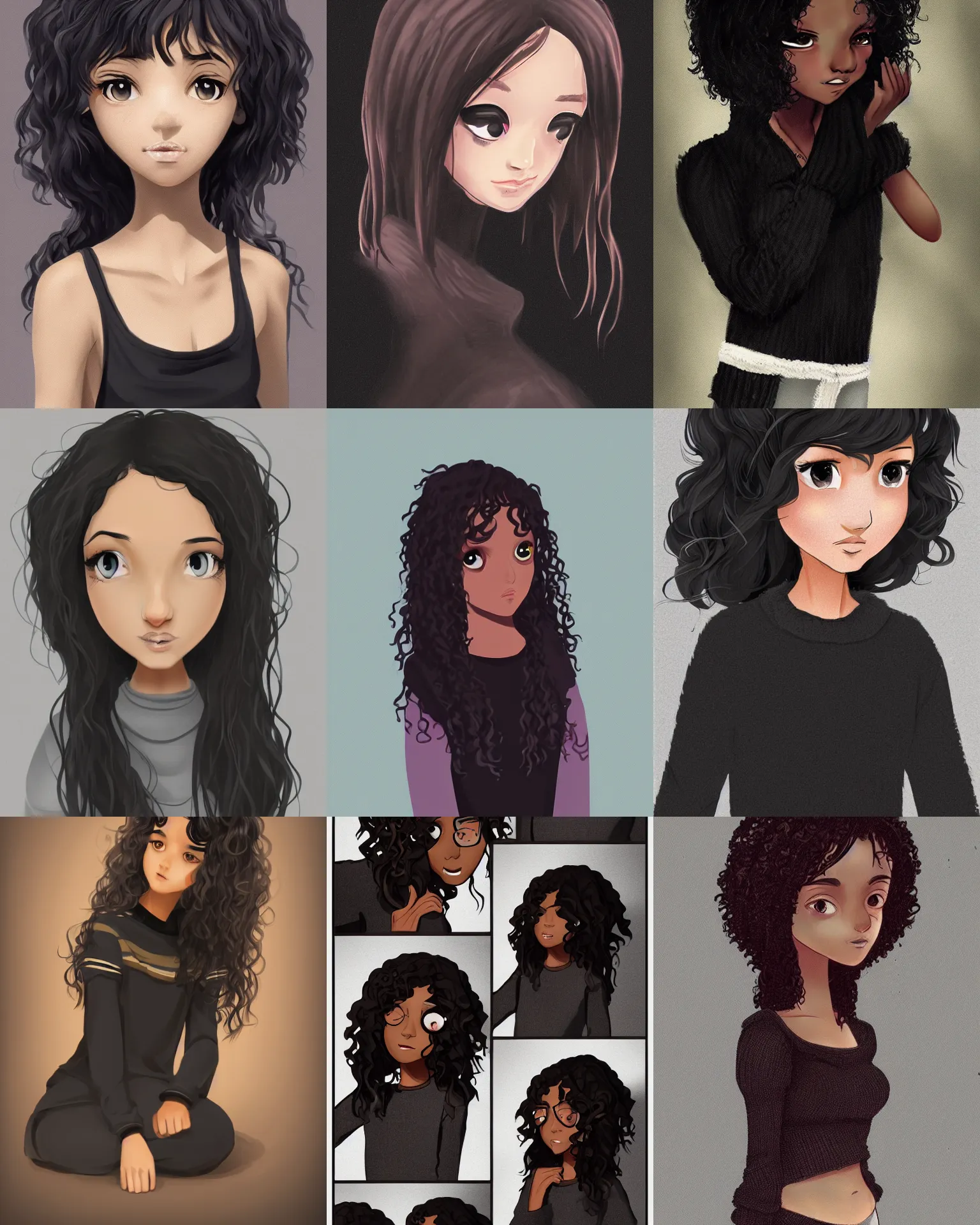 Prompt: a shy dark skinned brazilian girl with sad droopy eyes, very cute, black curly hair, wearing a black sweater, digital art, artstation, smooth, high quality