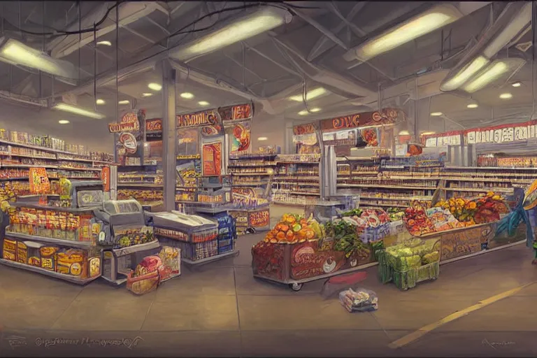 Image similar to a beautiful painting of a pristine and sterile supermarket grocery store, representative of the art style of artgerm and wlop and peter mohrbacher