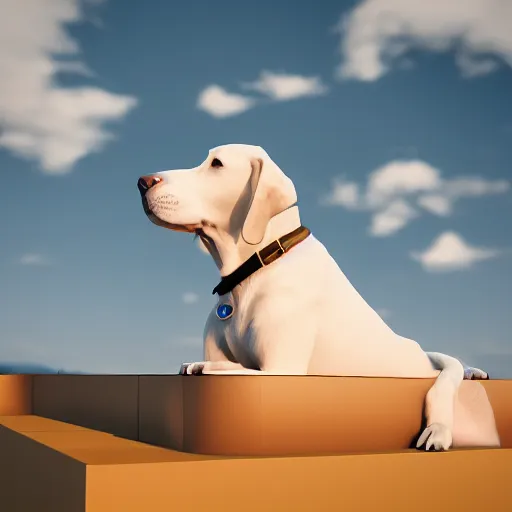 Image similar to portrait of a dog floating in the sky, 8k, 3D render, trending on artstation