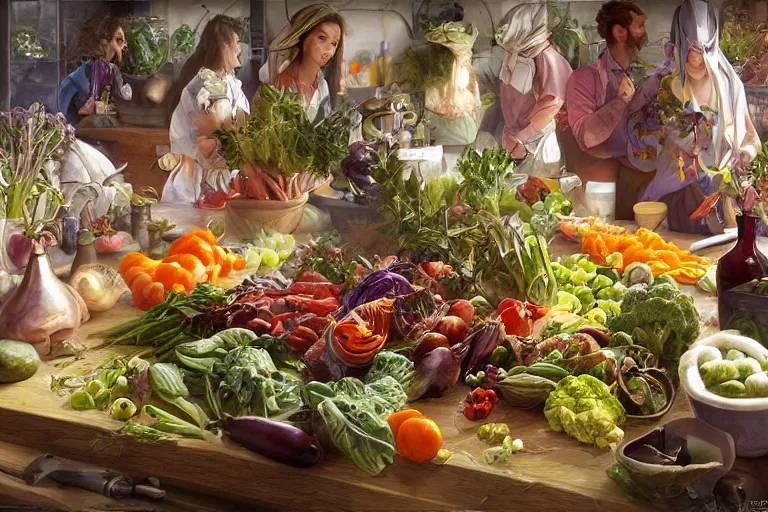 Image similar to vegetables parade on a cutting board in the kitchen, digital art, realistic, anthropomorphic, highly detailed, cinematic, matte painting, vivid colors, realistic, epic lighting, by greg rutkowski and artgerm and alphonse mucha