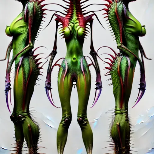 Prompt: skin concept venus flytrap, full length profile portrait, full - length photo with upper and lower body, t - pose, wide angle, alien, biopunk, plant predator, predator, teeth, many details, guyver style, 3 d, cinematic, hyper realism, high detail, octane render, art by hans giger