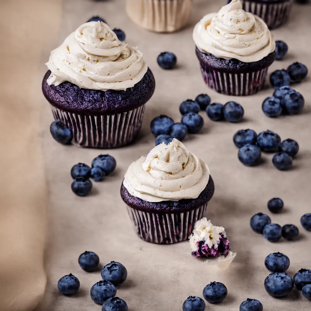 Image similar to blueberry cupcake, dynamic lighting, bokeh, carl zeiss 8 5 mm vintage lens, hyper realistic, award winning food photography