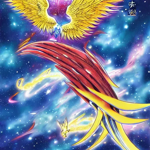 Image similar to a cosmic phoenix, wings spread, soaring through the cosmos by yusuke murata