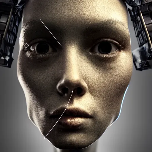 Prompt: photorealistic portrait of an artificial intelligence, 3d cgi, realistic, dramatic, dark mood, war apocalyptic,