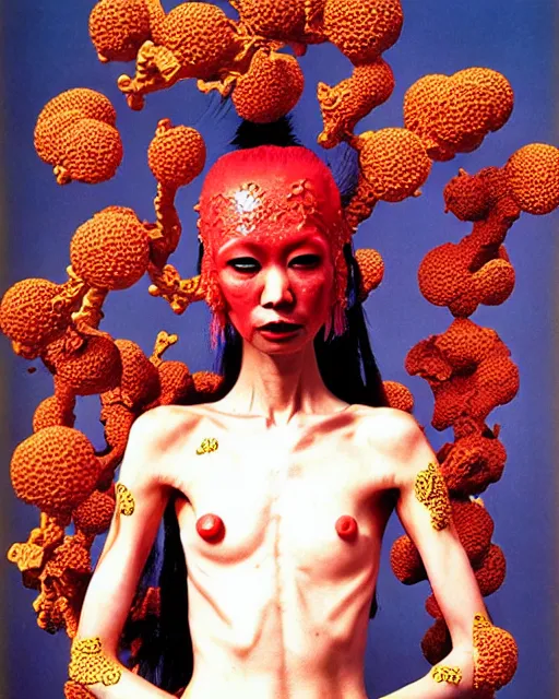 Image similar to portrait of a skinny punk goth yayoi kusama wearing armor by simon bisley, john blance, frank frazetta, fantasy, thief warrior, floral flowers colorful coral porcelain