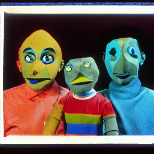 Prompt: color still from a strange 1990s kids puppet public access TV show, taped on VHS. hyperrealistic textures, creepy,