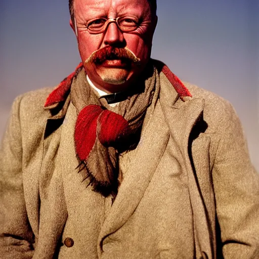 Prompt: portrait of president teddy roosevelt as afghan man, green eyes and red scarf looking intently, photograph by steve mccurry