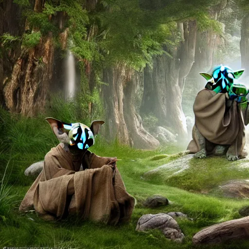 Prompt: a civilization of members of Yoda's species interacting with eachother on their home planet, award winning nature photo 8k