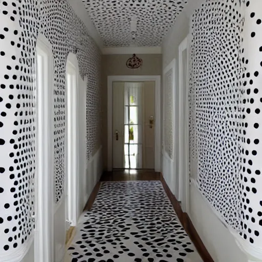 Image similar to a white corridor with a giant polka dot pattern on the walls