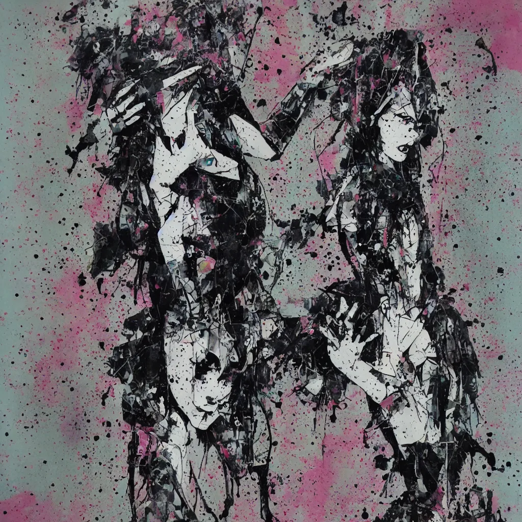 Image similar to girl figure, abstract, jet set radio artwork, ryuta ueda artwork, cryptic, rips, spots, asymmetry, stipple, lines, splotch, color tearing, pitch bending, stripes, dark, ominous, eerie, hearts, minimal, points, technical, old painting, natsumi mukai artwrok, folds