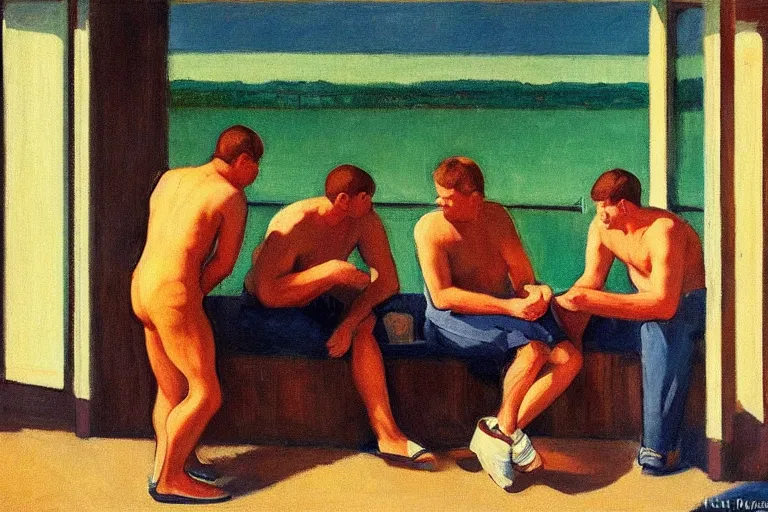 Prompt: mid - thirties guys binge drinking in front of a lake, in the style of edward hopper