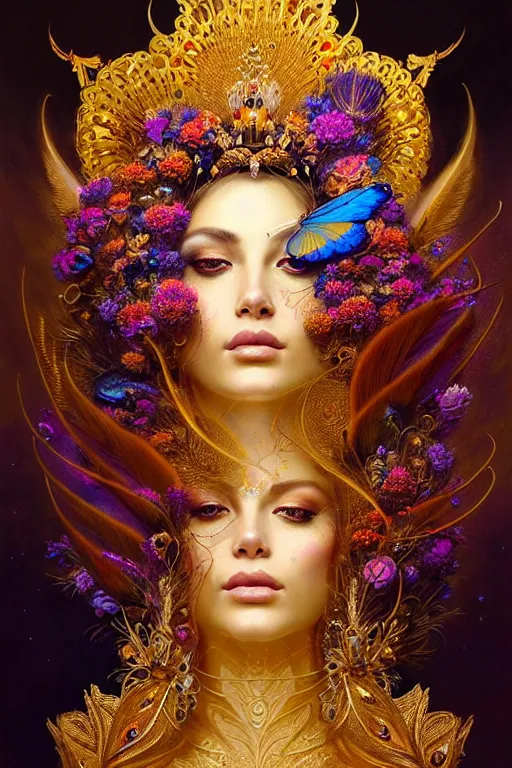 Prompt: ultradetailed portrait of an empress of beauty!, a grand golden throne, beautiful flowers and butterflies, crown made of peacock feathers by greg rutkowski, karol bak and peter mohrbacher, volumetric lighting, symmetrical features, goddess, ornate, celestial.