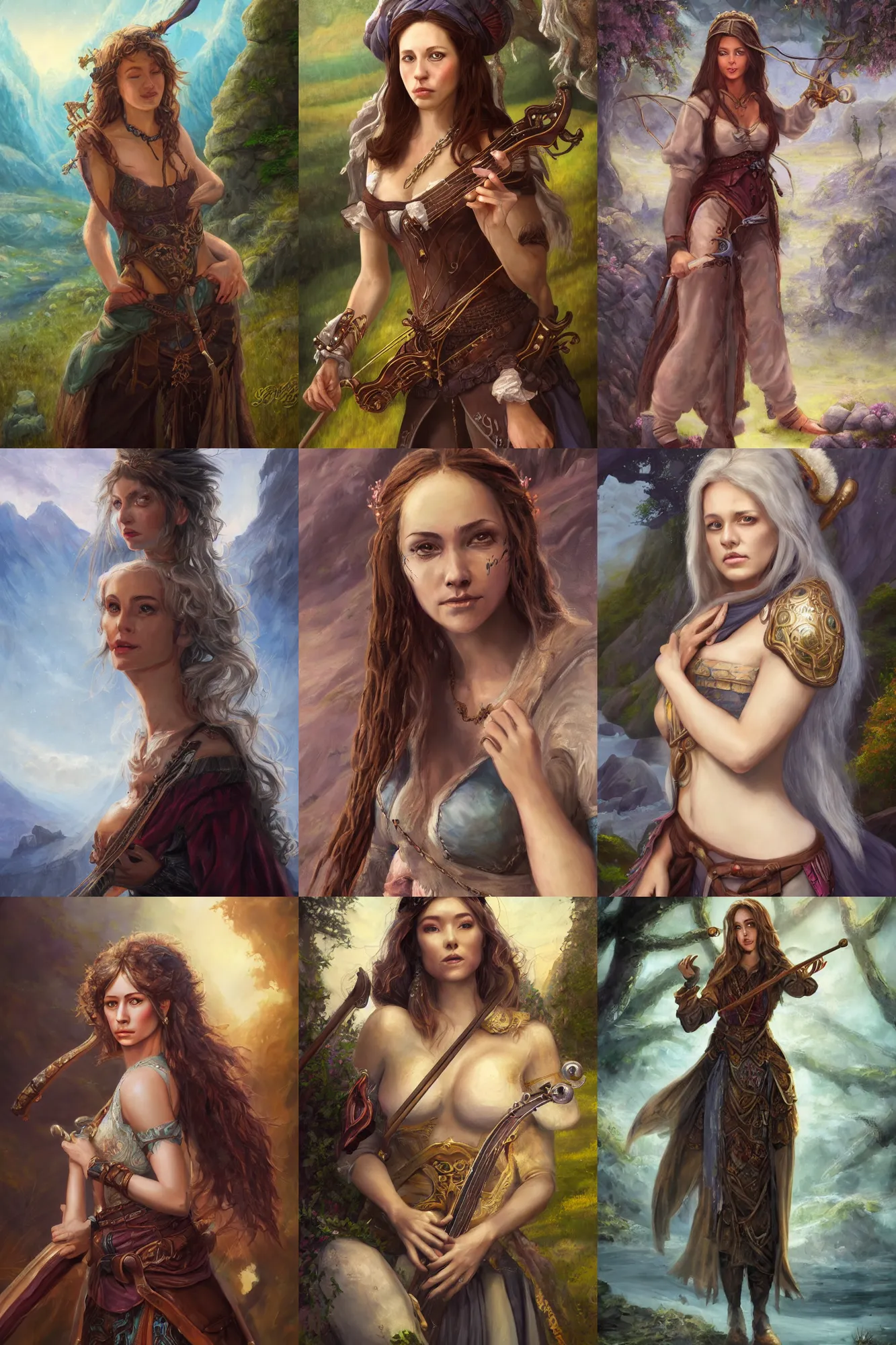 Image similar to a full body high detail fantasy portrait oil painting illustration of a single beautiful bard woman by justin sweet with face and body clearly visible, in a scenic background, pretty eyes, realistic proportions, d & d, rpg, forgotten realms, artstation trending, high quality, sombre mood, artstation trending, muted colours, entire person visible!