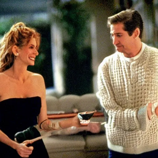 Prompt: Scene from Pretty Woman with crocheting figures. Julia Roberts and Richard are crocheting figures made of crochet