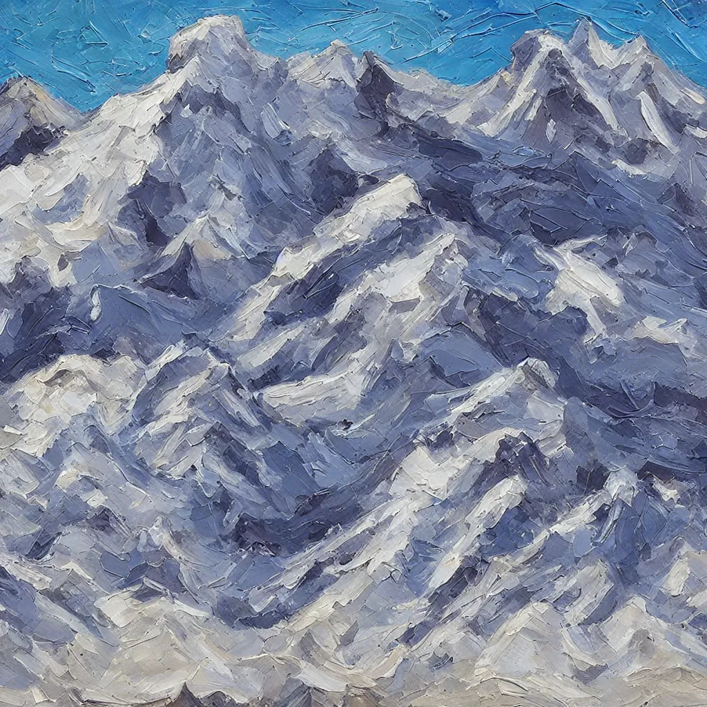 Prompt: texture of 3d high relief painting of jagged snow topped mountains seen from directly above ,painted in the style of the old masters, painterly, thick heavy impasto, expressive impressionist style, painted with a palette knife