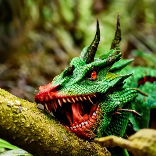 Image similar to a green and red dragon eating in a rain forest