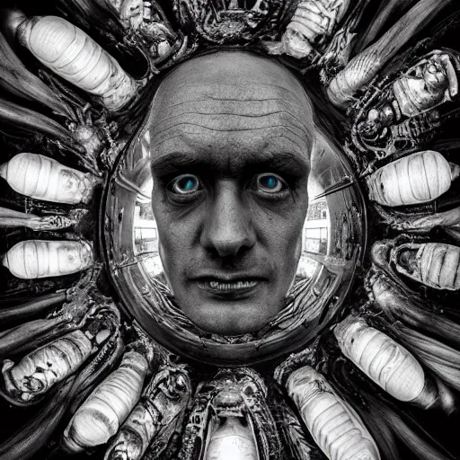 Prompt: human head soup, overhead photography, lens distortion, fisheye!!!!! lens, intricate, foreboding atmosphere, grim lighting, detailed, shot by jimmy nelson and h. r. giger, 4 k, 8 k, photorealism, panoramic photography