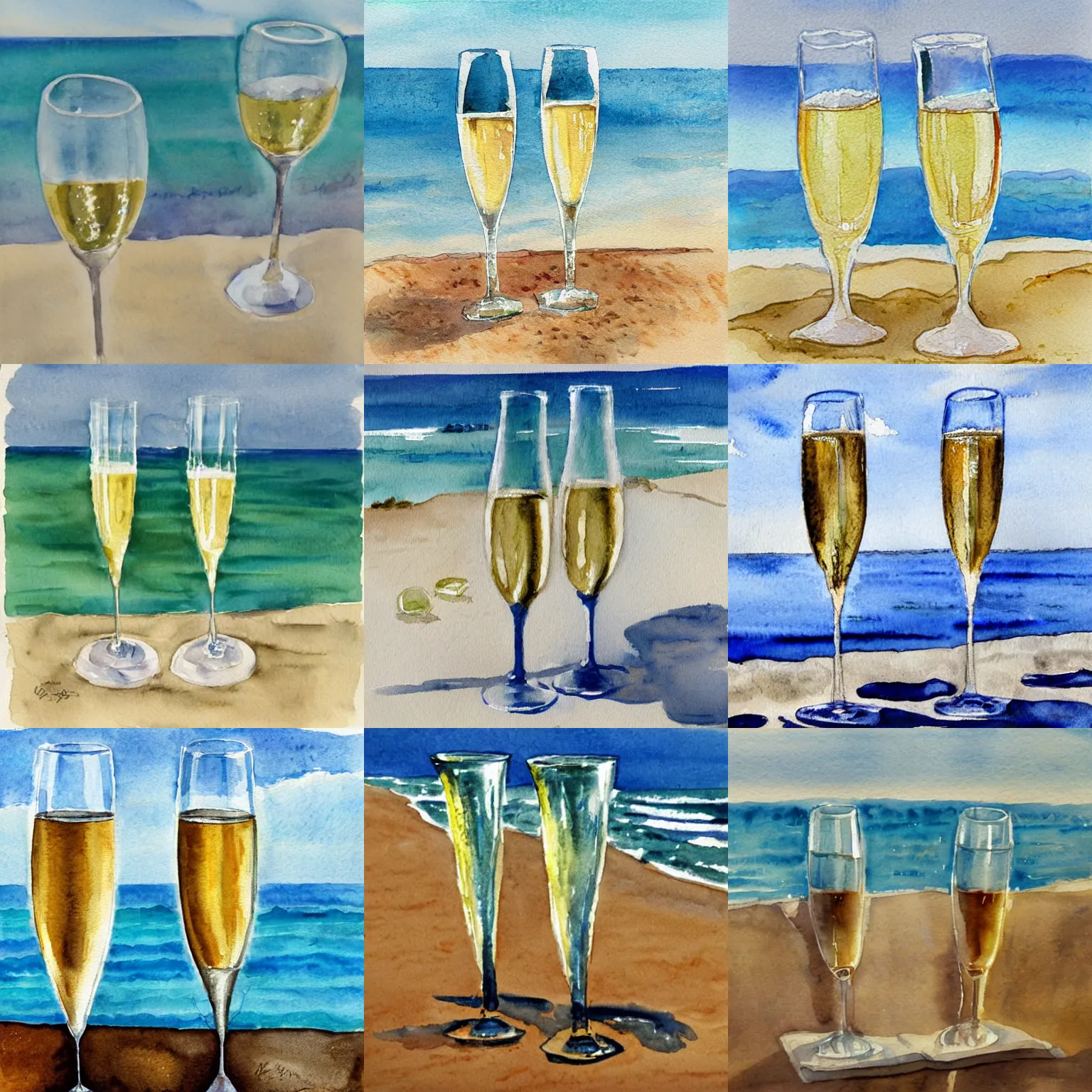 Two champagne glasses on the beach with the sea in the Stable