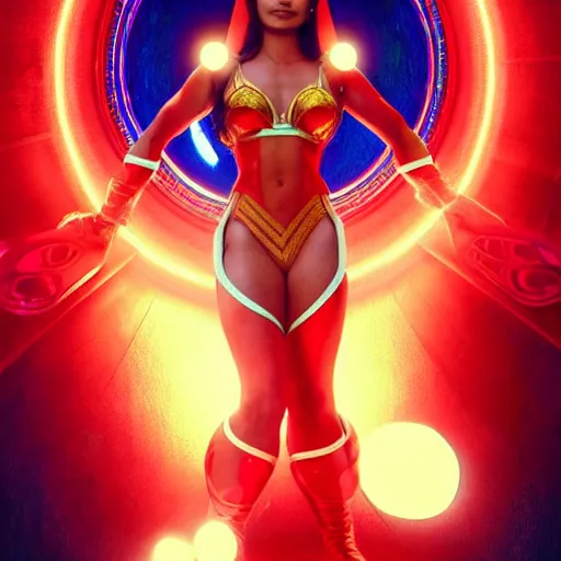 Image similar to mia khalifa as darna, wax figure, glowing eyes, volumetric lights, red and cyan theme, art nouveau botanicals, intricate, highly detailed, digital painting, artstation, concept art, smooth, sharp focus, cinematic, illustration, beautiful face, art by artgerm and greg rutkowski and alphonse mucha