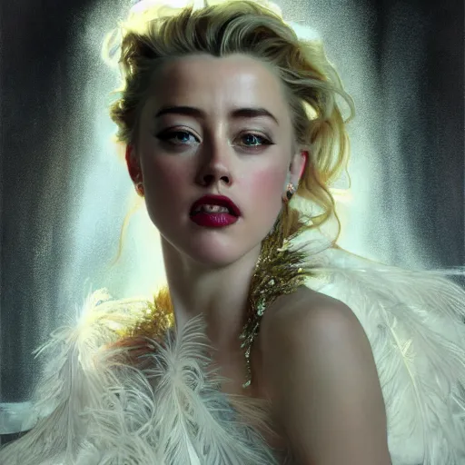 Image similar to hyperrealistic portrait of a woman as amber heard performing noir singing dance in a white swan dress wearing sapphire jewellery feather collar by jeremy mann and alphonse mucha, fantasy art, photo realistic, dynamic lighting, artstation, poster, volumetric lighting, very detailed faces, 4 k, award winning