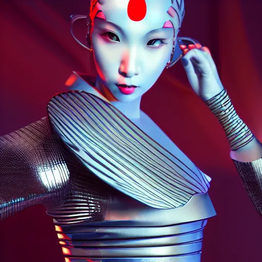 Prompt: futuristic japanese inspired avant-garde art, deco fashion, highly detailed, photorealistic portrait, bright studio setting, studio lighting, crisp quality and light reflections, unreal engine 5 quality render