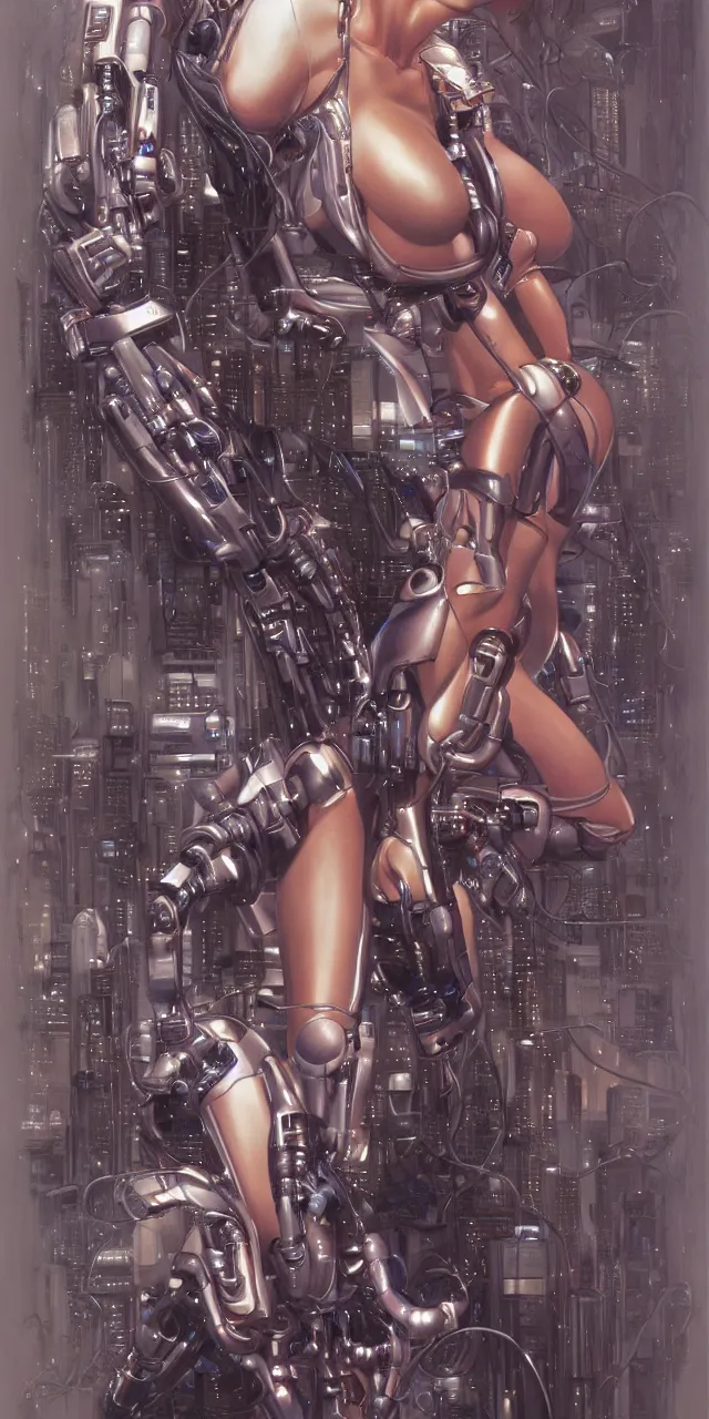 Prompt: beauty Blade Runner woman, robotic arms, cyberpunk, lots of cables and wiring, electrical details, trending on artstation, by Hajime Sorayama and Boris Vallejo