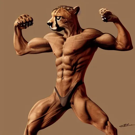 Image similar to cheetah flexing, muscular, high resolution, award winning, artstation, concept art,