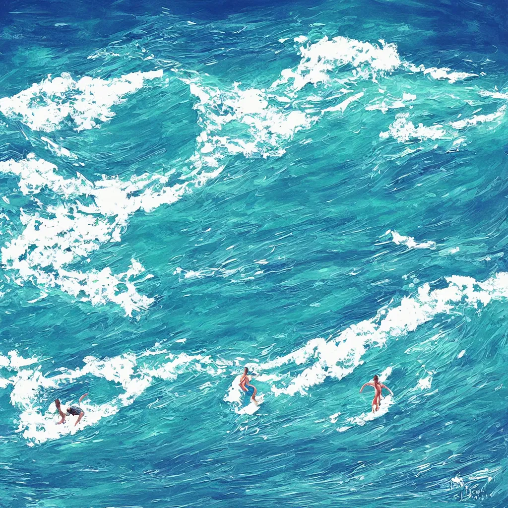 Prompt: “ a person is swimming and scared of getting crushed by a very big wave. a second person is surfing. digital art, cheerful, hawaii, blue sky ”