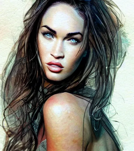 Prompt: megan fox face double exposure with beautiful mountains, tattoo sketch, hyper - realistic, in the style of matteo pasqualin, amazing detail, sharp, faded