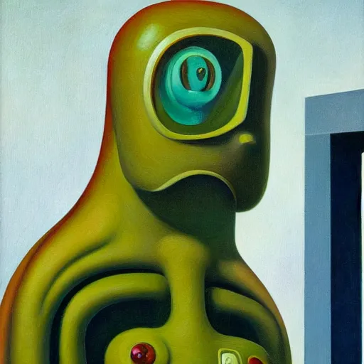 Image similar to biomorphic robot with kind eyes portrait, lowbrow, pj crook, grant wood, edward hopper, oil on canvas