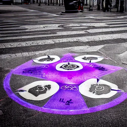 Image similar to Penguin creating magic purple magic satanic circles on the streets, 40nm, shallow depth of field, split lighting, 4k,