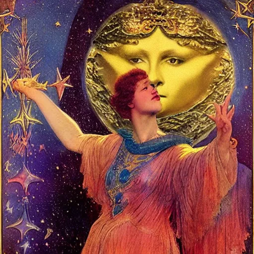 Prompt: the queen of the moon and the stars in full regalia, by Annie Swynnerton and Tino Rodriguez and Maxfield Parrish, elaborately costumed, rich color, dramatic cinematic lighting, extremely detailed