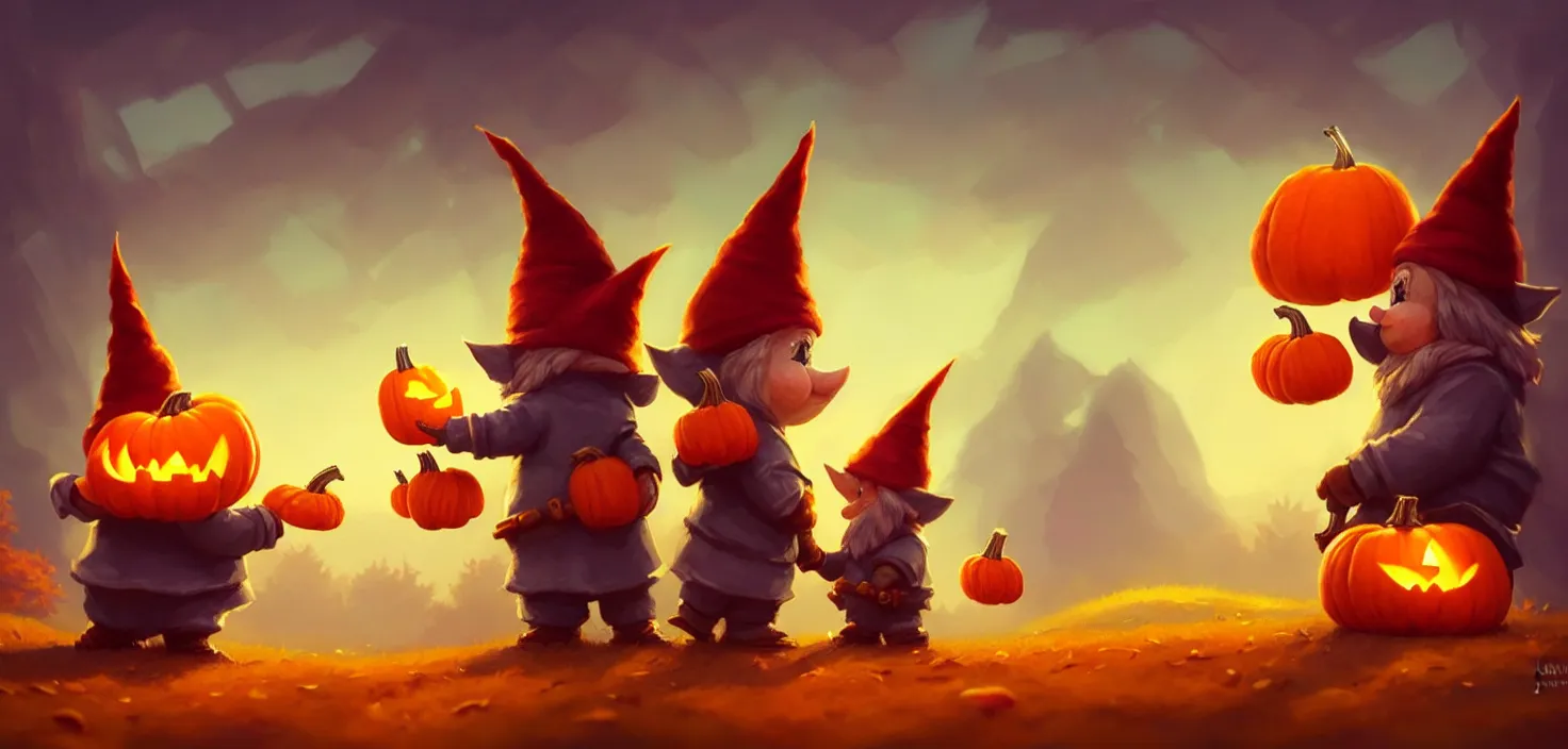 Prompt: hand drawn cute gnomes in autumn disguise holding pumpkin and maple leaf, detailed, concept art, low angle, high detail, warm lighting, volumetric, godrays, vivid, beautiful, trending on artstation, by jordan grimmer, huge scene, grass, art greg rutkowski