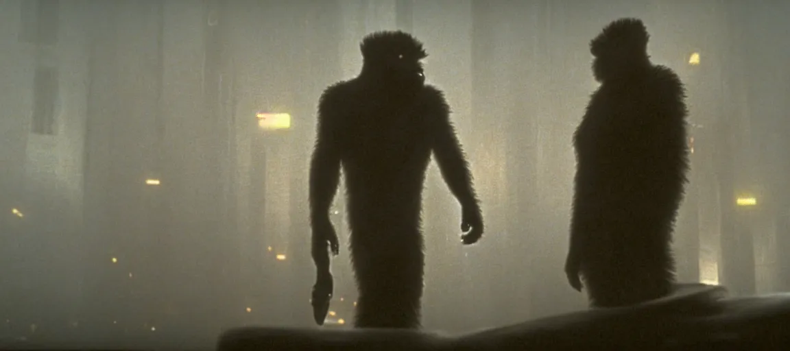 Image similar to an award winning highly detailed close up photo of a lone bigfoot in a still from the movie blade runner ( 1 9 8 2 ), 4 k, high quality