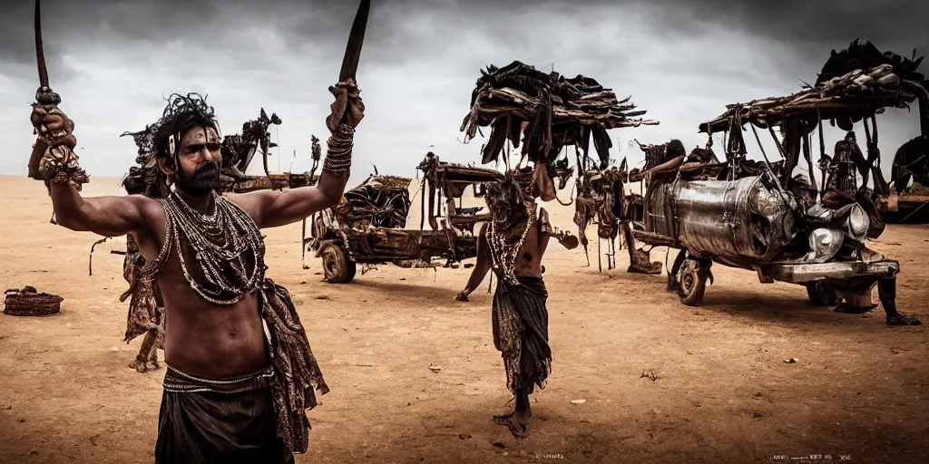 Image similar to sri lankan mad max style, traditional drum player, film still, epic shot cinematography, rule of thirds