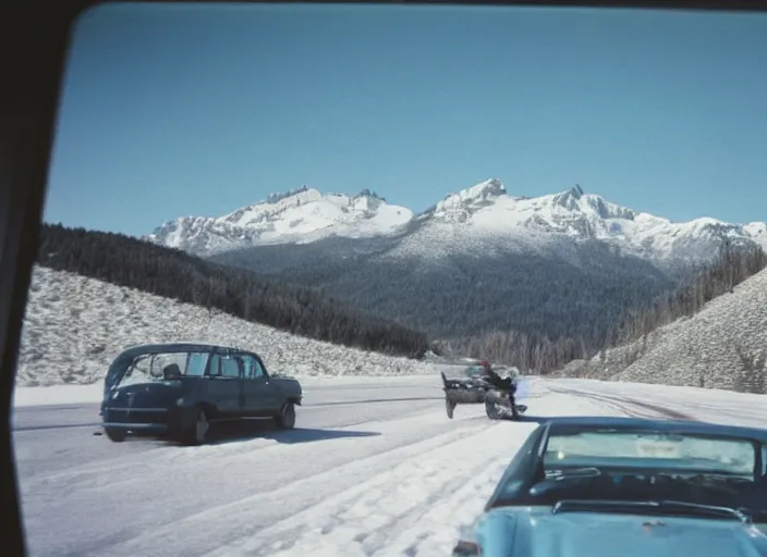 Image similar to A very high resolution image from a new movie, landscape from a car window , mountains, snowy, snowy mountains, Polaroid, directed by wes anderson