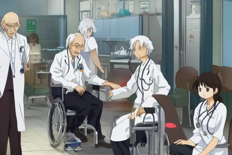 Image similar to a cute young female doctor wearing white coat are serving an old man in a wheelchair in a hospital ward, slice of life anime, cinematic, anime scenery by Makoto shinkai