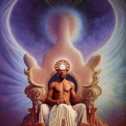 Image similar to obatala the cosmic god sitting on a throne of nebula clouds, by Agostino Arrivabene and amanda sage and alex grey, matte painting, orisha, 8k, hd