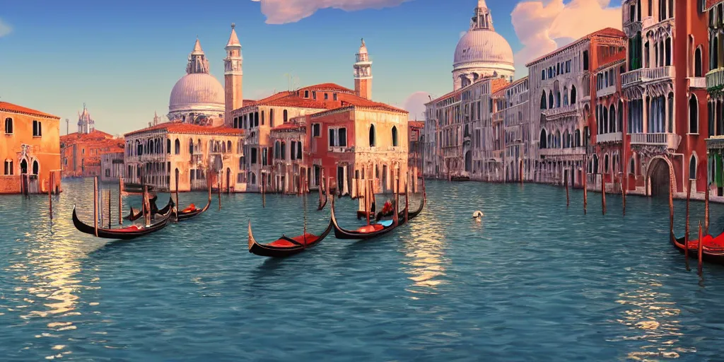 Prompt: ultra detailed and realistic painting of venice ( italy ) inspired by very beautiful cute and colored disney movie backgrounds, rendered in 8 k unreal engine