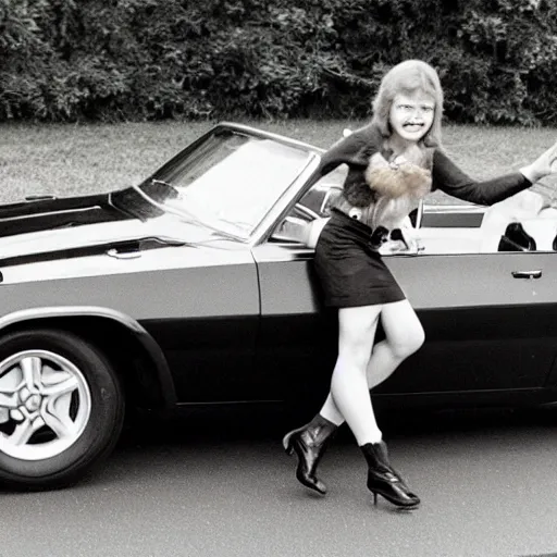 Prompt: A human scaled black cat driving a convertible from the 70s