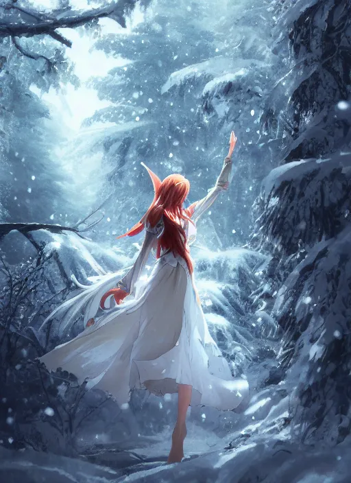 Image similar to an elven girl standing in a snowy forest, flowing white dress, auburn hair. By Makoto Shinkai, Stanley Artgerm Lau, WLOP, Rossdraws, James Jean, Andrei Riabovitchev, Marc Simonetti, krenz cushart, Sakimichan, trending on ArtStation, digital art.