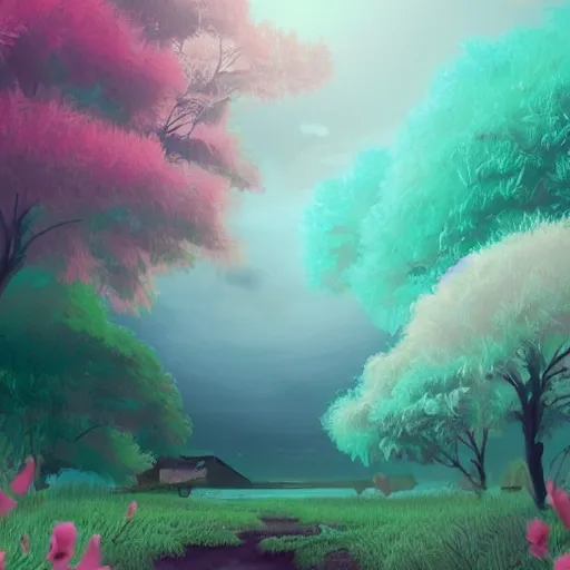 Prompt: this beautiful world is not entirely real, pastel colour palette, artistic, detailed, rough, beautiful digital artwork by artist Lurid (2022)